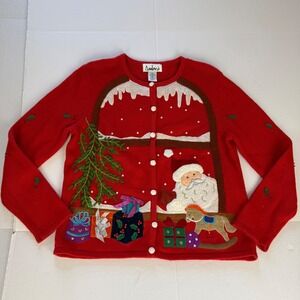 Ambra Womens Red Christmas Santa Window Beaded Embroidered Cardigan Sweater PS